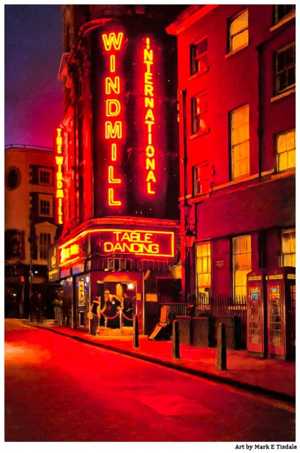 Red Lights of Soho in London - Windmill International Club Print by Mark Tisdale