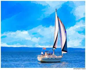 Sailboat on Monterey Bay - California Coast Print by Mark Tisdale