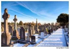 Snow covered cemetery path through Celtic Crosses - Glasnevin Dublin Ireland Print by Mark Tisdale