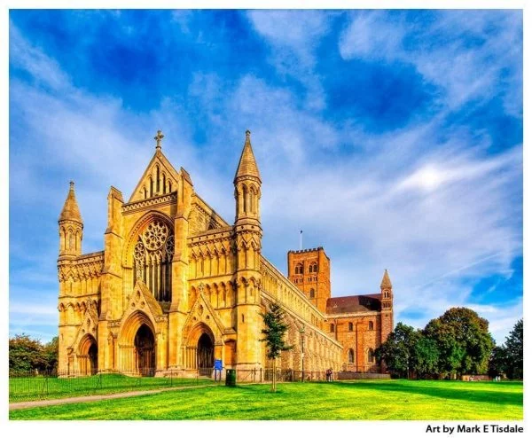 St Albans Abbey - church under dramatic skies - England Print by Mark Tisdale