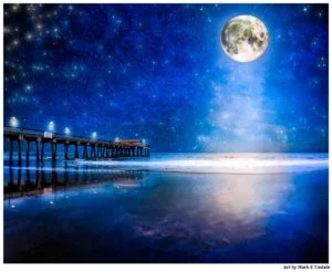 Starry Night And Full Moon Over the beach at Tybee Island - Georgia Coast Print by Mark Tisdale