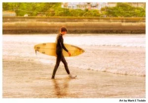 Surfer on the golden waters of Newquay Cornwall - Beach Print by Mark Tisdale