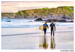 Surfers on the beach at Newquay in Cornwall - British Landscape Art Print by Mark Tisdale