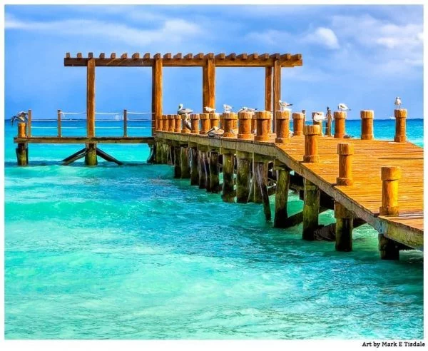 Tropical pier on the Caribbean - Playa del Carmen Print by Mark Tisdale