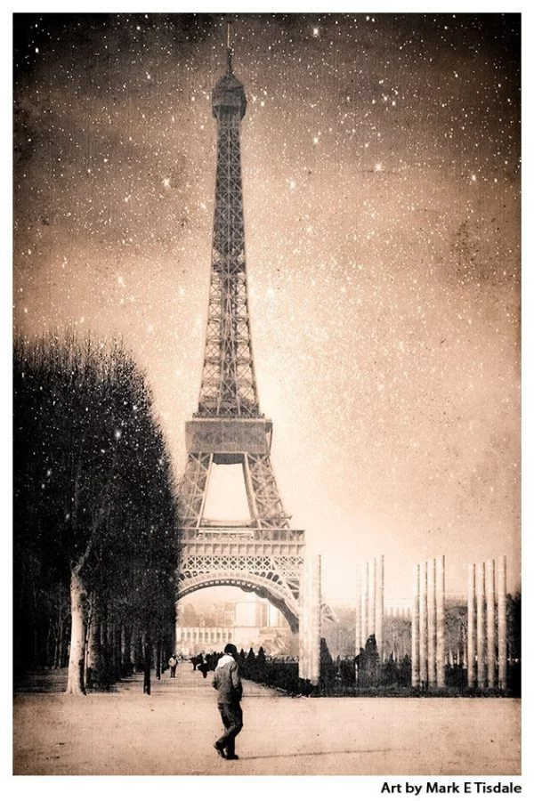 Vintage Eiffel Tower Art Print - Fantasy Stars Falling Over the Landmark in Sepia