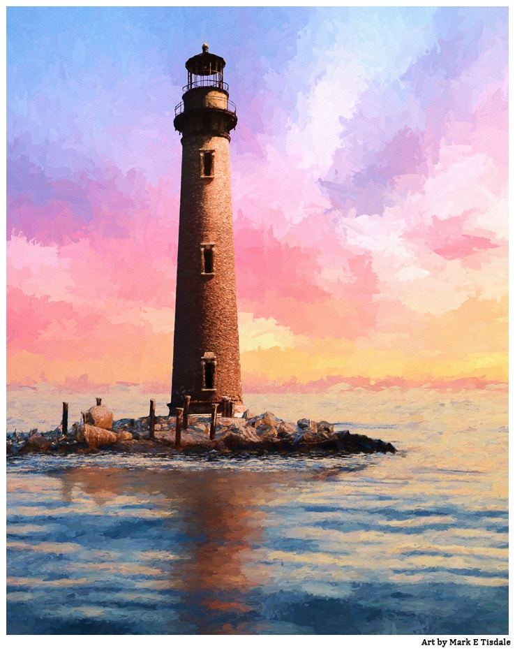 Alabama Lighthouse Art Print depicting Sand Island Light - Dauphin Island Lighthouse on Mobile Bay