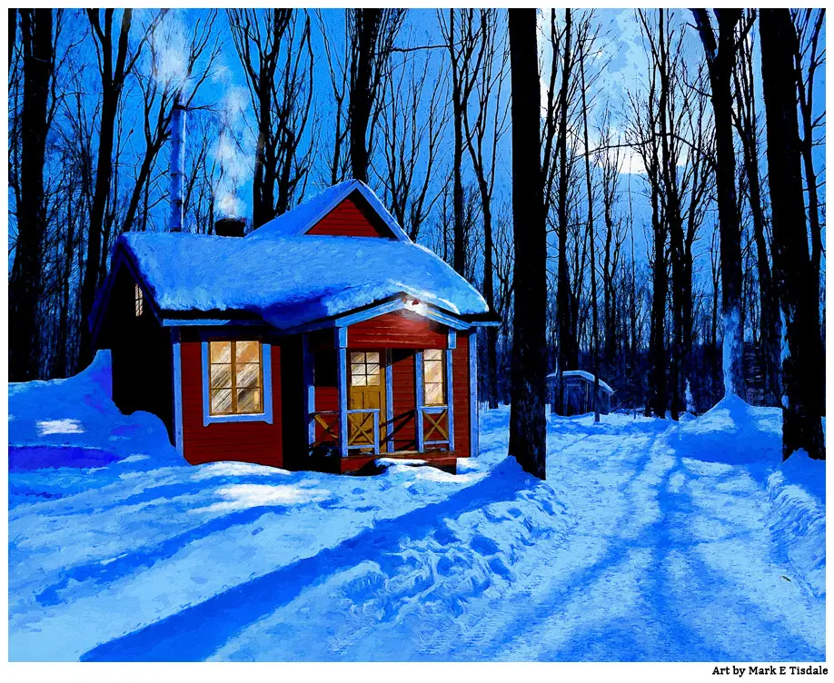 Winter Cabin Art Print - A little red Cabin in Moonlit wood by artist Mark Tisdale