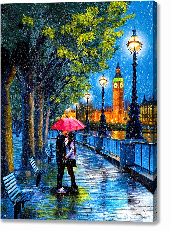 London Kiss In The Rain Canvas Print