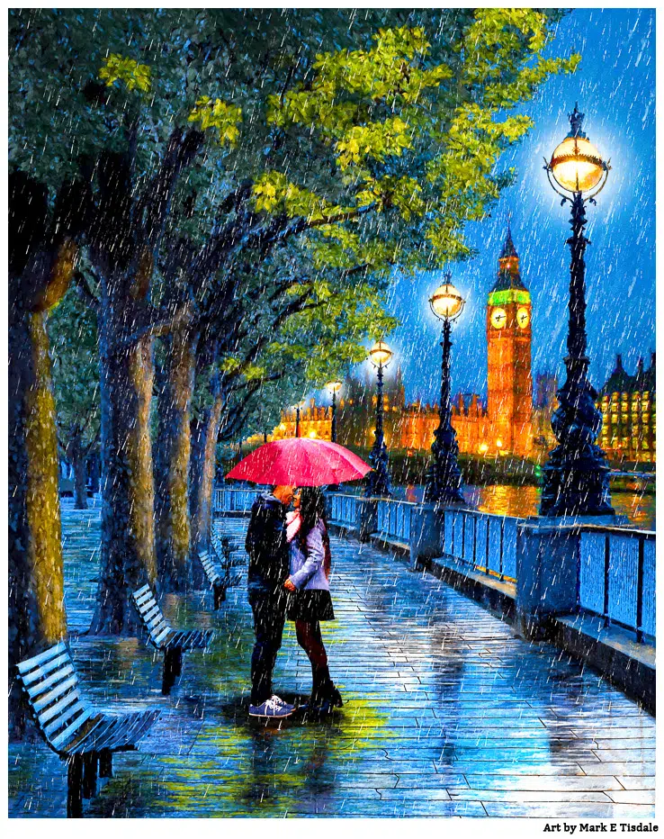 Romantic London Art - Kiss In The Rain by Artist Mark Tisdale