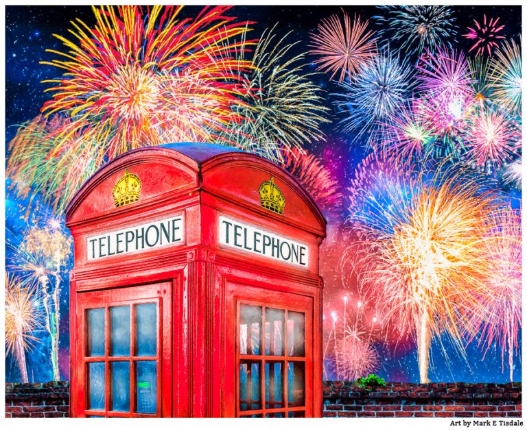red phone booth art with brilliant fireworks by artist Mark Tisdale