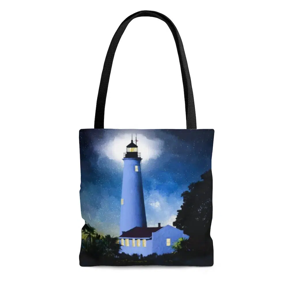 St Mark's Lighthouse At Night - Coastal Florida Tote by Mark Tisdale