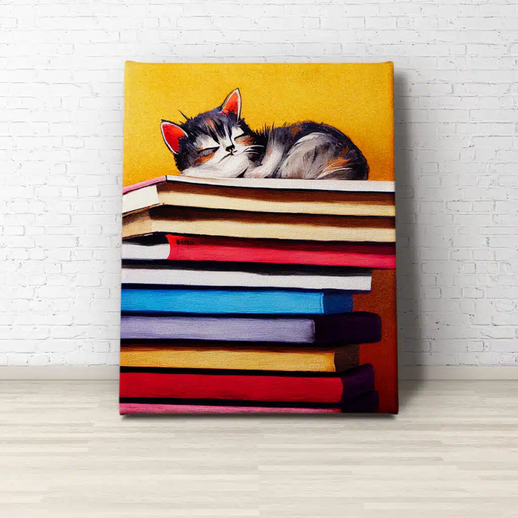 Fun Cat Wall Art - Kitten Sleeping On A Stack of Books