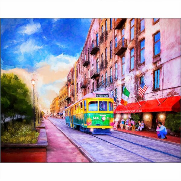 River Street Savannah art print featuring radiant afternoon light and an old streetcar