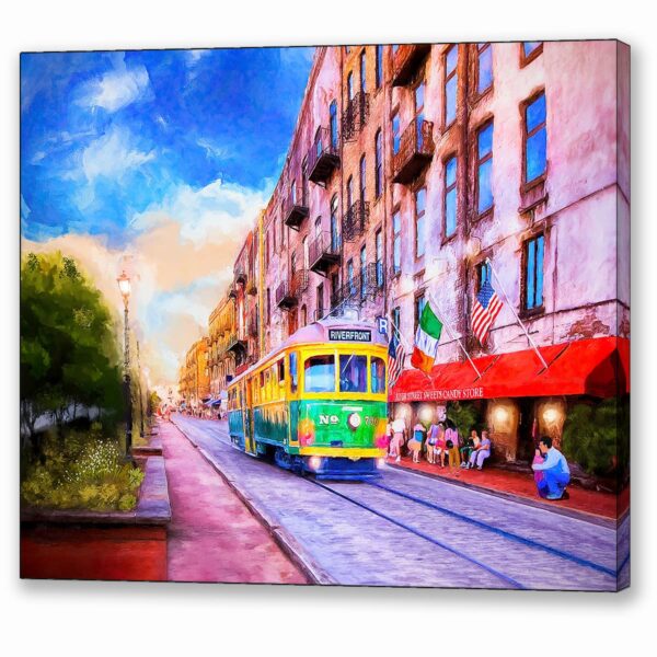 River Street Savannah canvas print featuring radiant afternoon light and an old streetcar