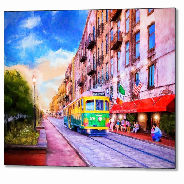 River Street Savannah metal print featuring radiant afternoon light and an old streetcar