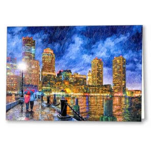 Boston Rain - Fan Pier Skyline View Greeting Card