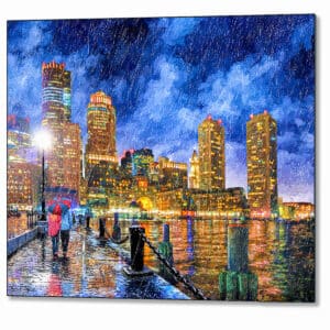 Boston Rain - Fan Pier Skyline View Metal Print
