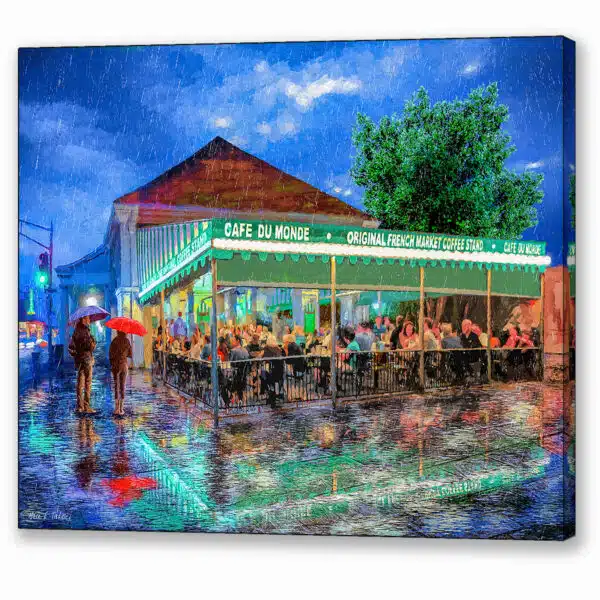 Cafe du Monde Canvas Print featuring a timeless view of the French Quarter in New Orleans on a rain night