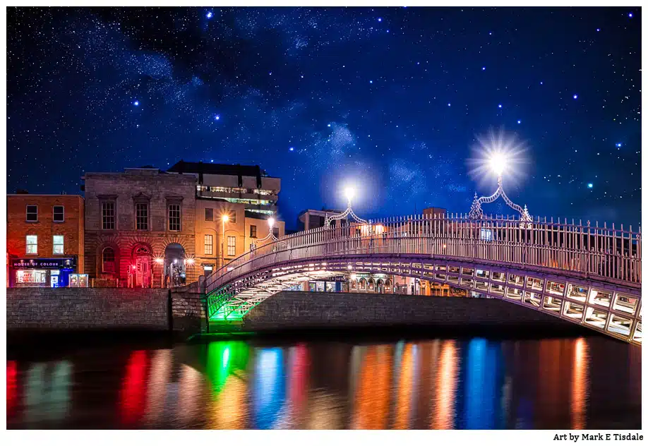 Night Time Photo of the beautiful Ha'Penny Bridge in Dublin Ireland