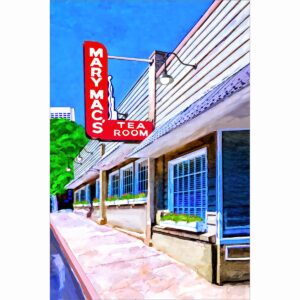 Old Atlanta art print that features the front facade and sign of a genuine classic Midtown Atlanta Resturant, Mary Mac's Tea Room which has operated in the same spot sine 1945.