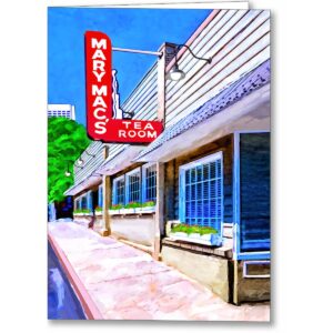 Old Atlanta greeting card with artwork that features the front facade and sign of a genuine classic Midtown Atlanta Resturant, Mary Mac's Tea Room which has operated in the same spot since 1945.