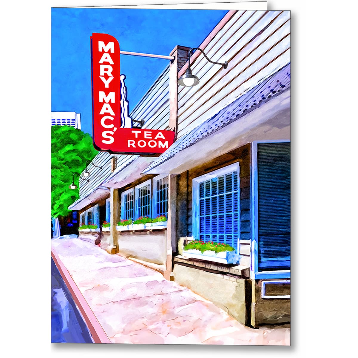 Old Atlanta greeting card with artwork that features the front facade and sign of a genuine classic Midtown Atlanta Resturant, Mary Mac's Tea Room which has operated in the same spot since 1945.