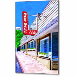 Old Atlanta metal print that features the front facade and sign of a genuine classic Midtown Atlanta Resturant, Mary Mac's Tea Room which has operated in the same spot since 1945.
