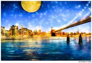 Manhattan Skyline with a starry Night motif - Print by Mark Tisdale