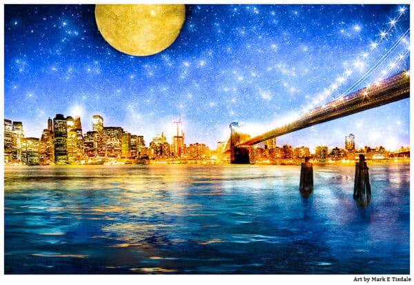 Manhattan Skyline with a starry Night motif - Print by Mark Tisdale