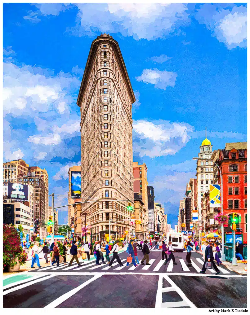 Iconic Textured Photo of a street scene that includes the Flatiron in NYC