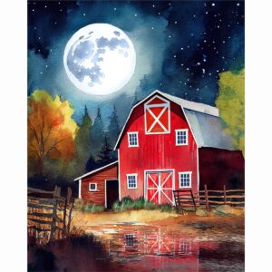 Old Red Barn under Full Moon Art Print