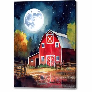 Old Red Barn under Full Moon Canvas Print