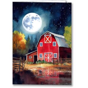 Old Red Barn under Full Moon Greeting Card