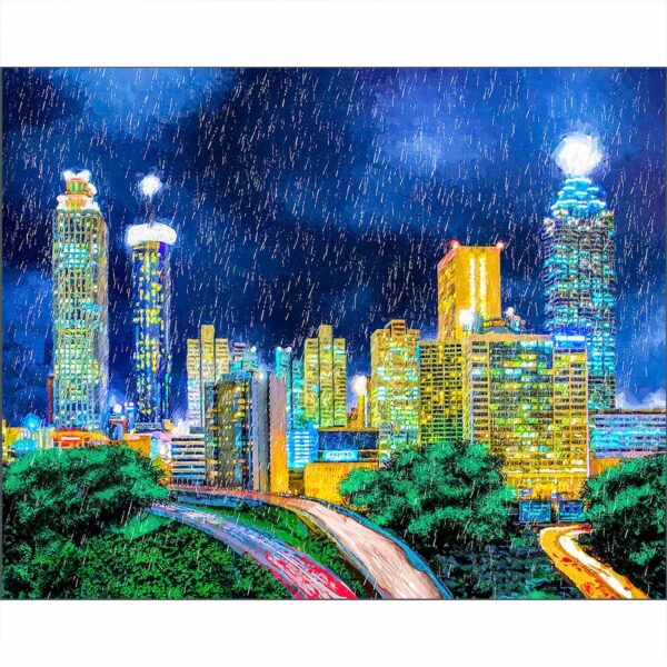 Dramatic Rainy Night Atlanta Skyline Art Print showing east side view of city