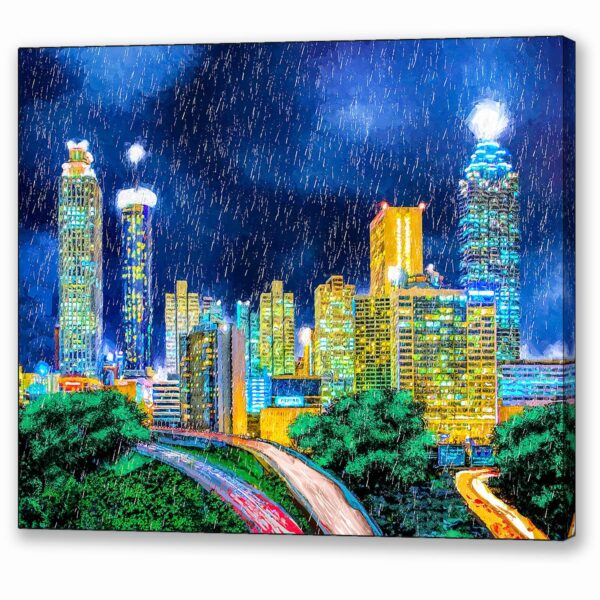 Dramatic Rainy Night Atlanta Skyline Canvas Print showing east side view of city