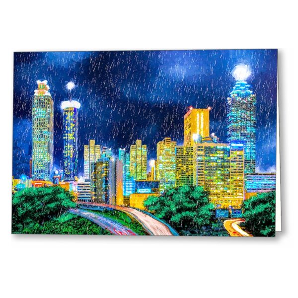 Dramatic Rainy Night Atlanta Skyline greeting card showing east side view of city