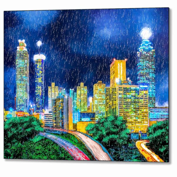 Dramatic Rainy Night Atlanta Skyline Metal Print showing east side view of city