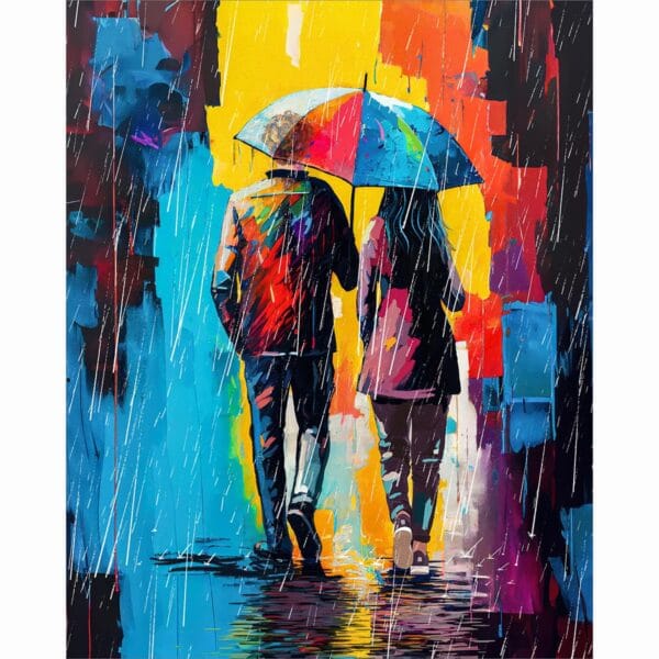 colorful and romantic couple under an umbrella art print