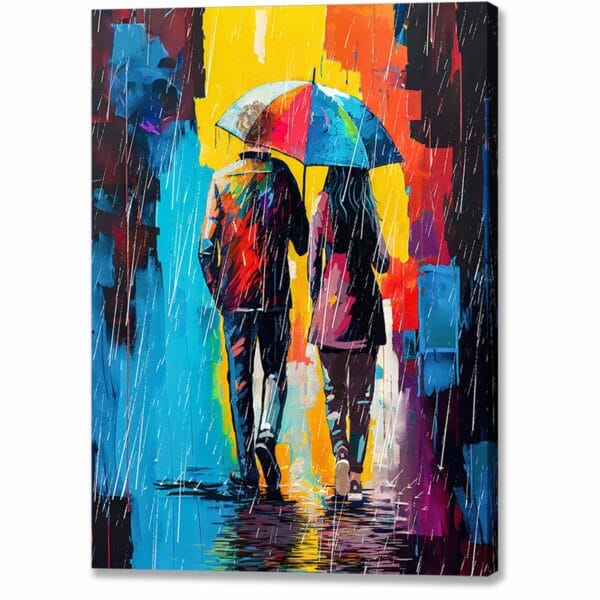 colorful and romantic couple under an umbrella canvas print