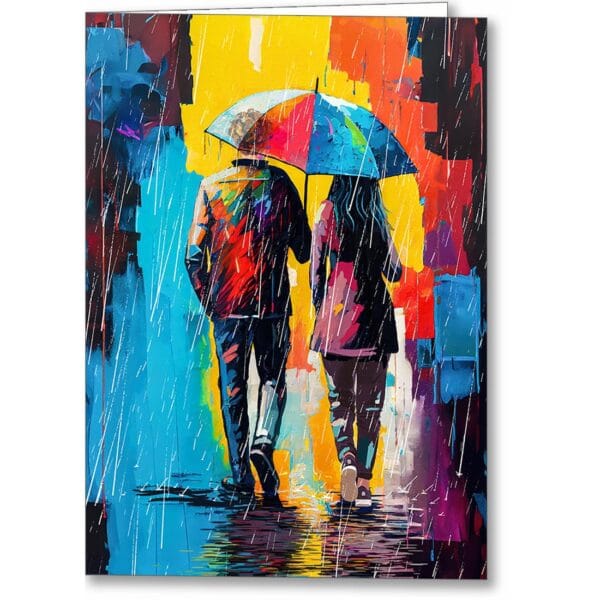 colorful and romantic couple under an umbrella greeting card