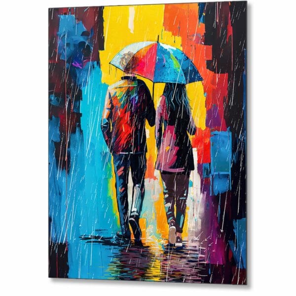 colorful and romantic couple under an umbrella metal print