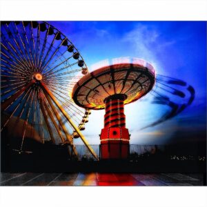 Chicago Waterfront Art Print showing a wave swinger ride in motion at a Chicago amusement park
