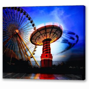 Chicago Waterfront Canvas Print showing a wave swinger ride in motion at a Chicago amusement park