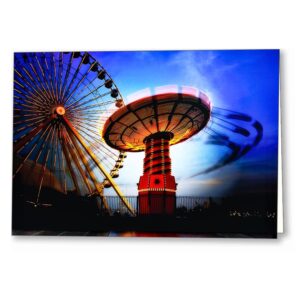 Chicago Waterfront Greeting Card showing a wave swinger ride in motion at a Chicago amusement park