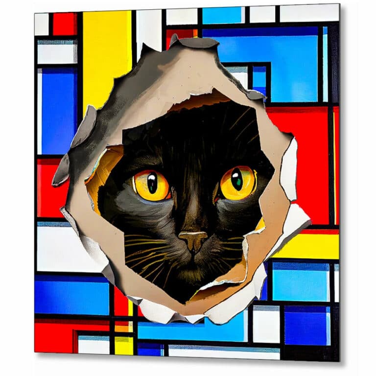 Black Cat Antics – Mondrian Style Metal Print