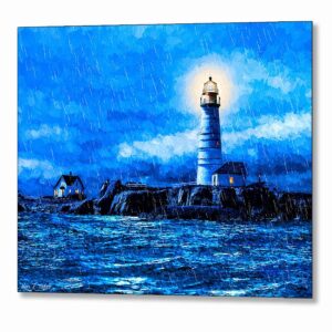 Boston Light In The Rain - Lighthouse Metal Print