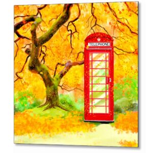 Britain In Autumn - Red Telephone Box Metal Print