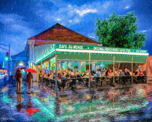 Cafe du Monde art print featuring a charming rainy Night scene in the French Quarter