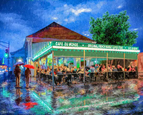 Cafe du Monde art print featuring a charming rainy Night scene in the French Quarter