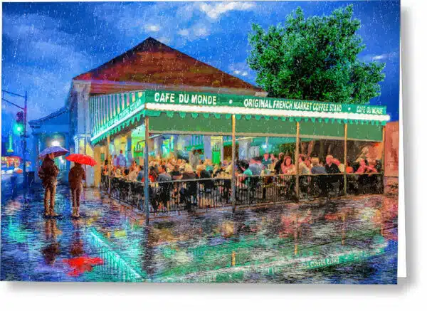 Cafe du Monde greeting card features artwork with a charming scene of the French Quarter in New Orleans on a rainy night